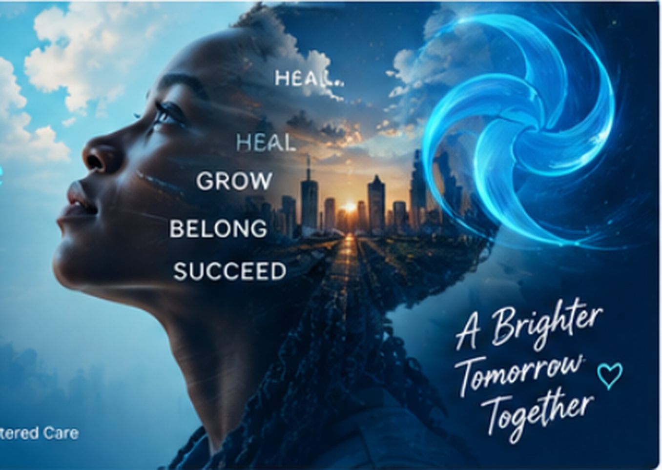 Side-profile portrait integrated with a hopeful city skyline and the blue CHANGE REACTION swirl from the Option 3 concept