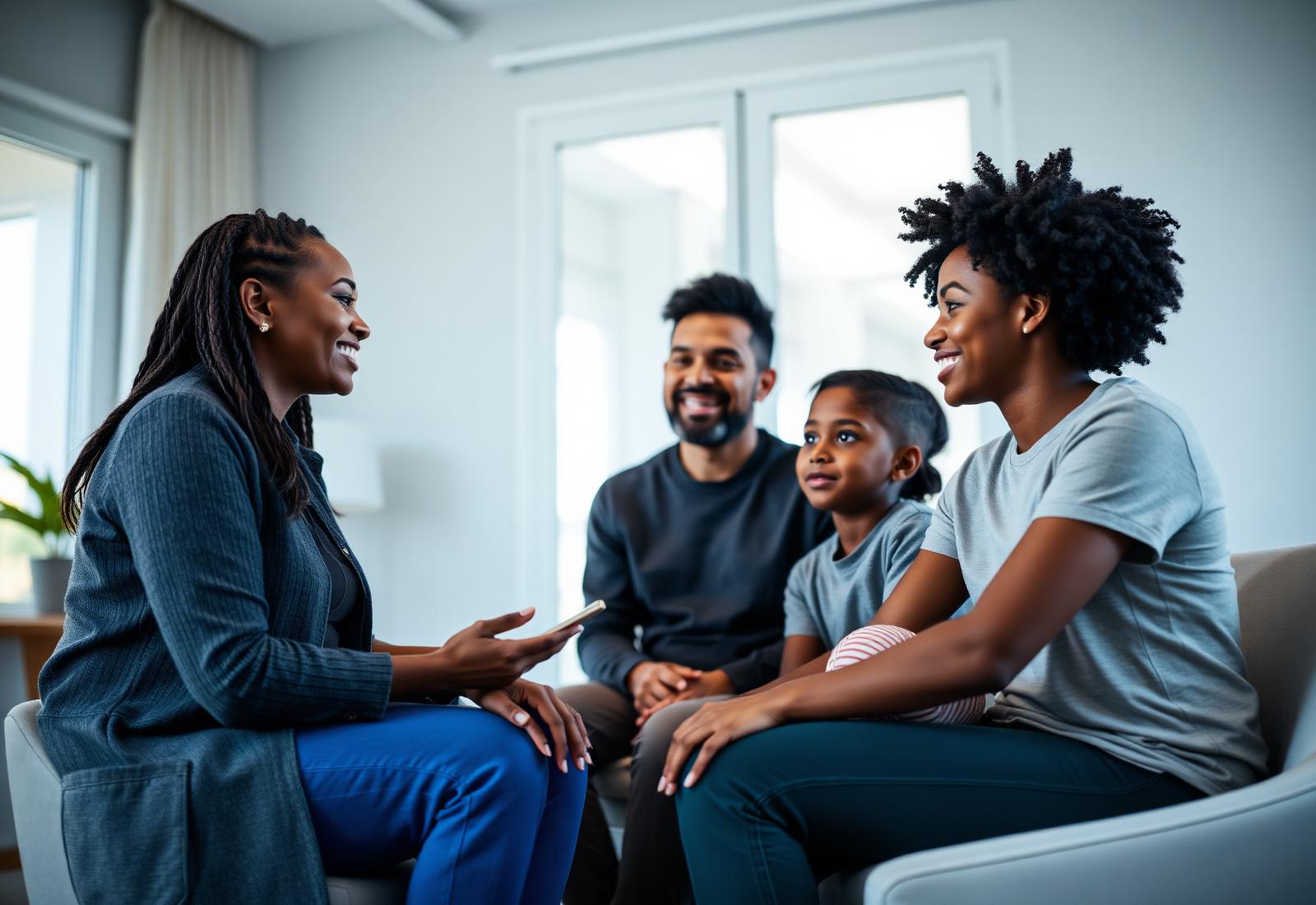 Compassionate counselor meeting with a diverse family in a bright, welcoming therapy room