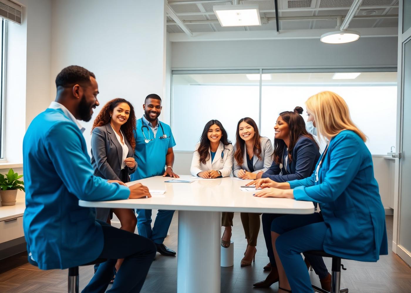 Diverse behavioral health team collaborating in a bright modern clinic
